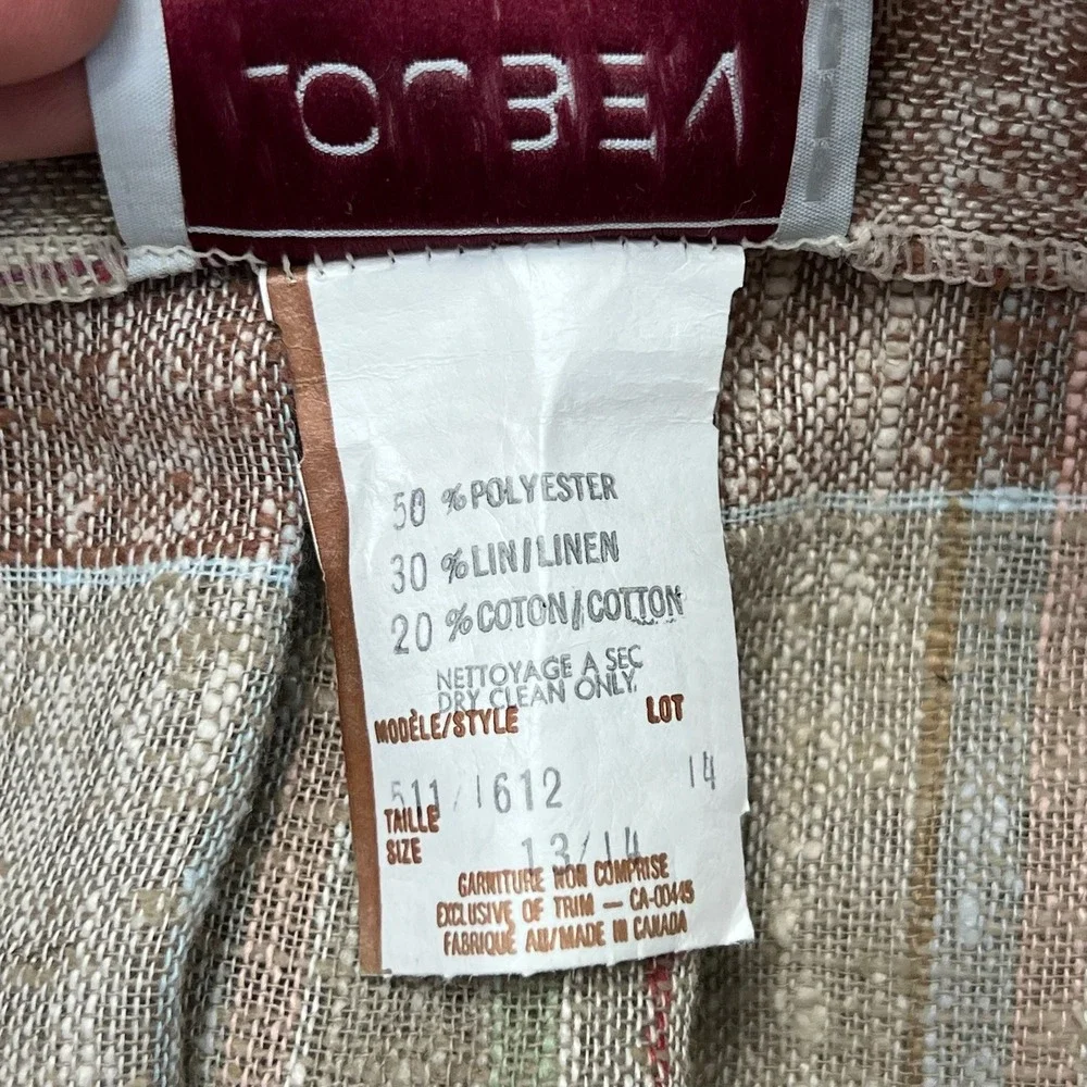 VINTAGE Louben Midi Skirt Womens Size 13/14 Brown Tan Plaid Pleated Linen Blend